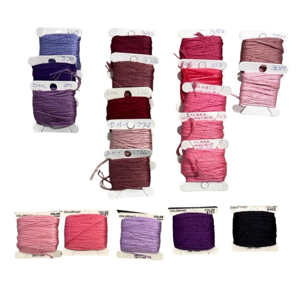 Assorted Embroidery Floss Bundle DMC JP Coats 20 Skeins Pink Purple & Black